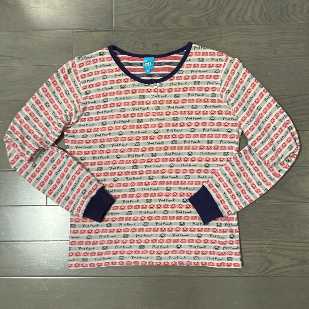 Y2K Vintage Paul Frank Julius Print Striped Henley Shirt Size S